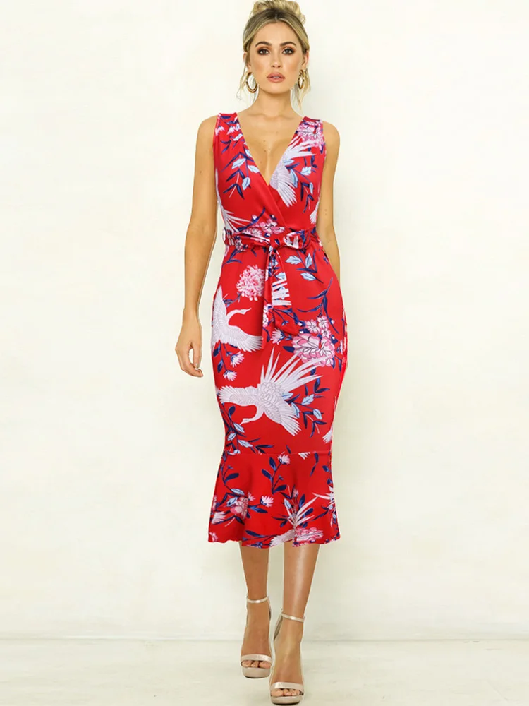 

Spring Summer Fashion Formal Dress Sexy V-neck Printed Lotus Leaf Party Dress Elegant Mermaid Evening Dress XUCTHHC NEW 2020