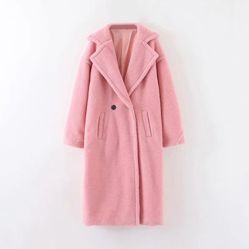 remarkable  Winter Casual Solid Teddy Coat Women Long Sleeve Fleece Long Jacket Lady Turn Down Collar Lamb Fur 