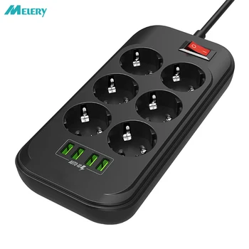 

Power Strip Surge Protector 6 EU Plug Outlet Sockets with 4 USB Phone Charger Adapter Dock 5V 3.4A 2m Extension Cord