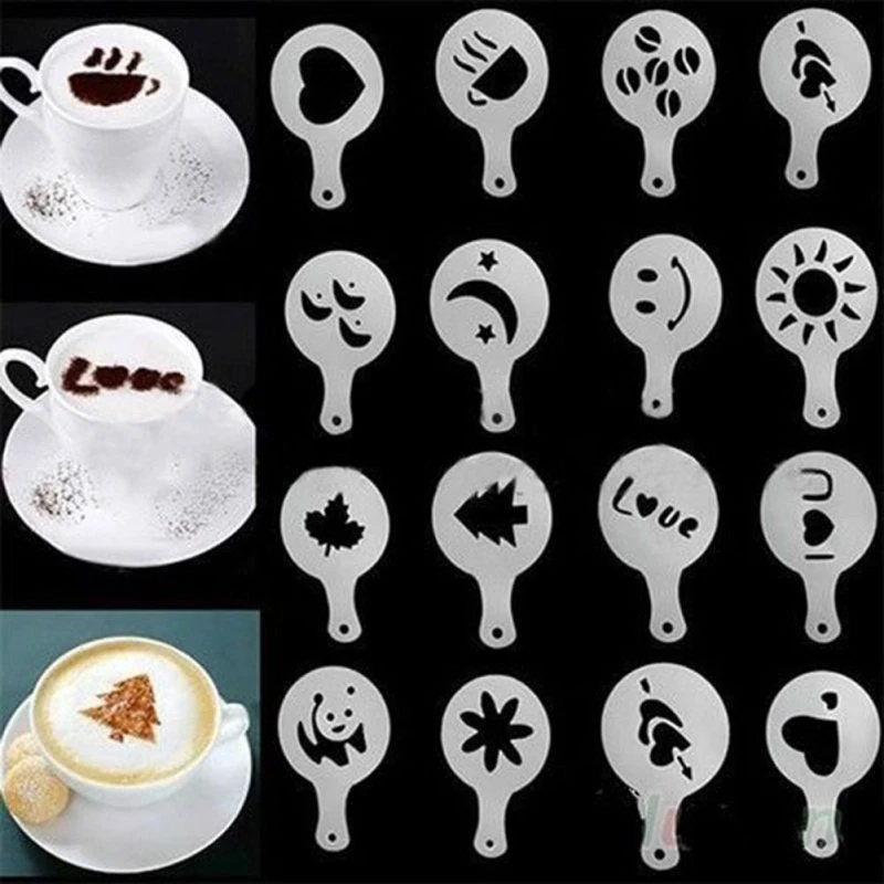 

16 pcs/set Coffee Drawing Mold Printing Model Coffee Foam Spray Cake Stencils Powdered Sugar Sieve Coffee Accessories