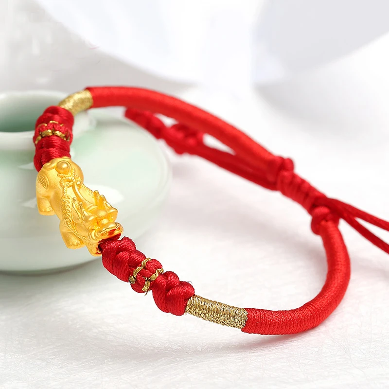 Чистый 24K желтый золотой браслет 3D Золотой Дракон сон Pixiu браслет из Красной Нити