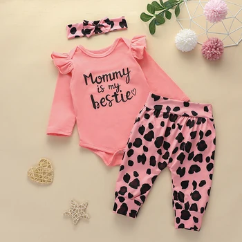 

Baby Girls 3-Piece Outfits Baby Toddler Fashion Casual Long Sleeve Bodysuits+Leopard Trousers+Headband Spring Autumn Suit 0-24M