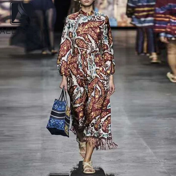 

AELESEEN Runway Fashion Women Tassel Dress Autumn Winter Long Sleeve Turtleneck Flower Print Red Belt Elegant Dresses