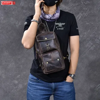 

Men's Big Breast Bag Crossbody Messenger Male Chest Bags Vintage Crazy Horse Leather Handmade First Layer Leather Soft Men Retro