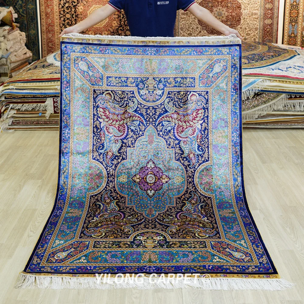 Yilong 4 'x 6' синий чистый Шелковый ковер роскошный высококачественный ручной