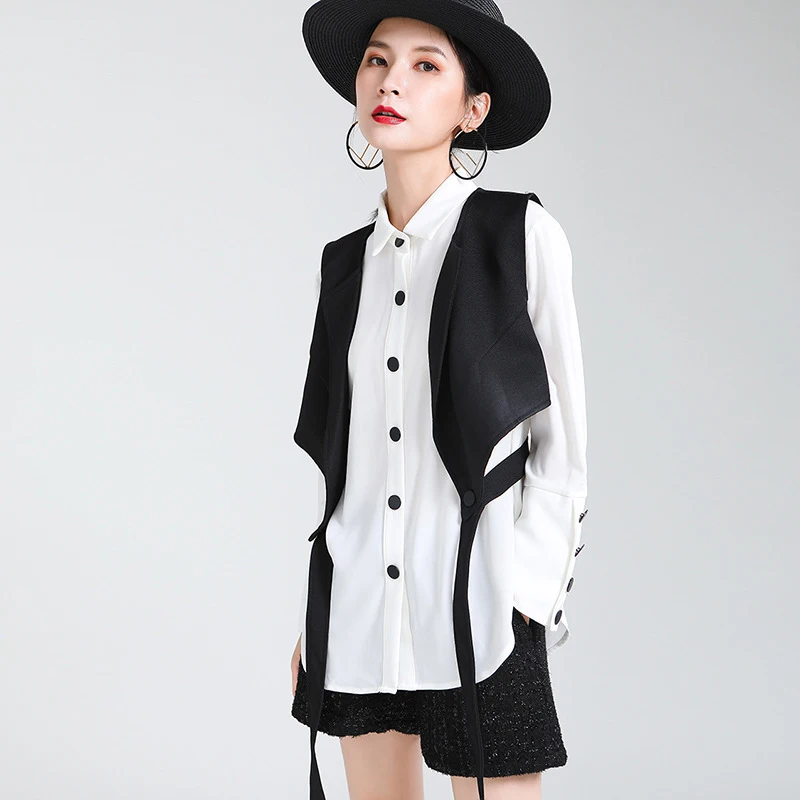 [EAM] Women Black Irregular Split Big Size Blouse