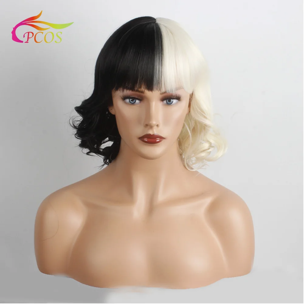 

De Vil Cosplay Wig Half Blonde Half Black Synthetic Short Wavy Wigs with Bangs for Party Women Heat Resistant Wig
