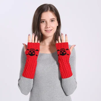 Winter Women Warm Cute Cartoon Skull Fingerless Sleeves Mittens Female Acrylic Stretch Knit Half Finger Arm Warmers Gloves C83 5