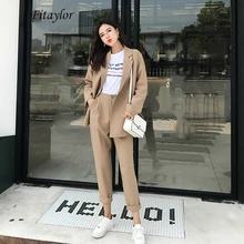 Fitaylor женские брючные костюмы осенние повседневные однотонные с отложным воротником куртка и брюки-Карандаш Женский костюм Ol однобортный комплект из 2 предметов