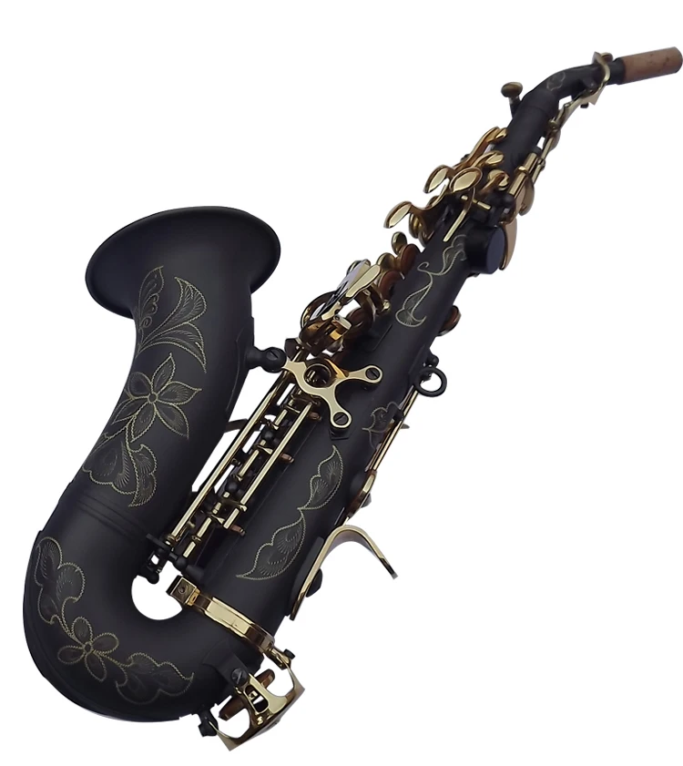 Бренд сопрано саксофон Изысканный резной цветок черный никель золотой поверхности B тон саксофон латунный инструмент с чехлом