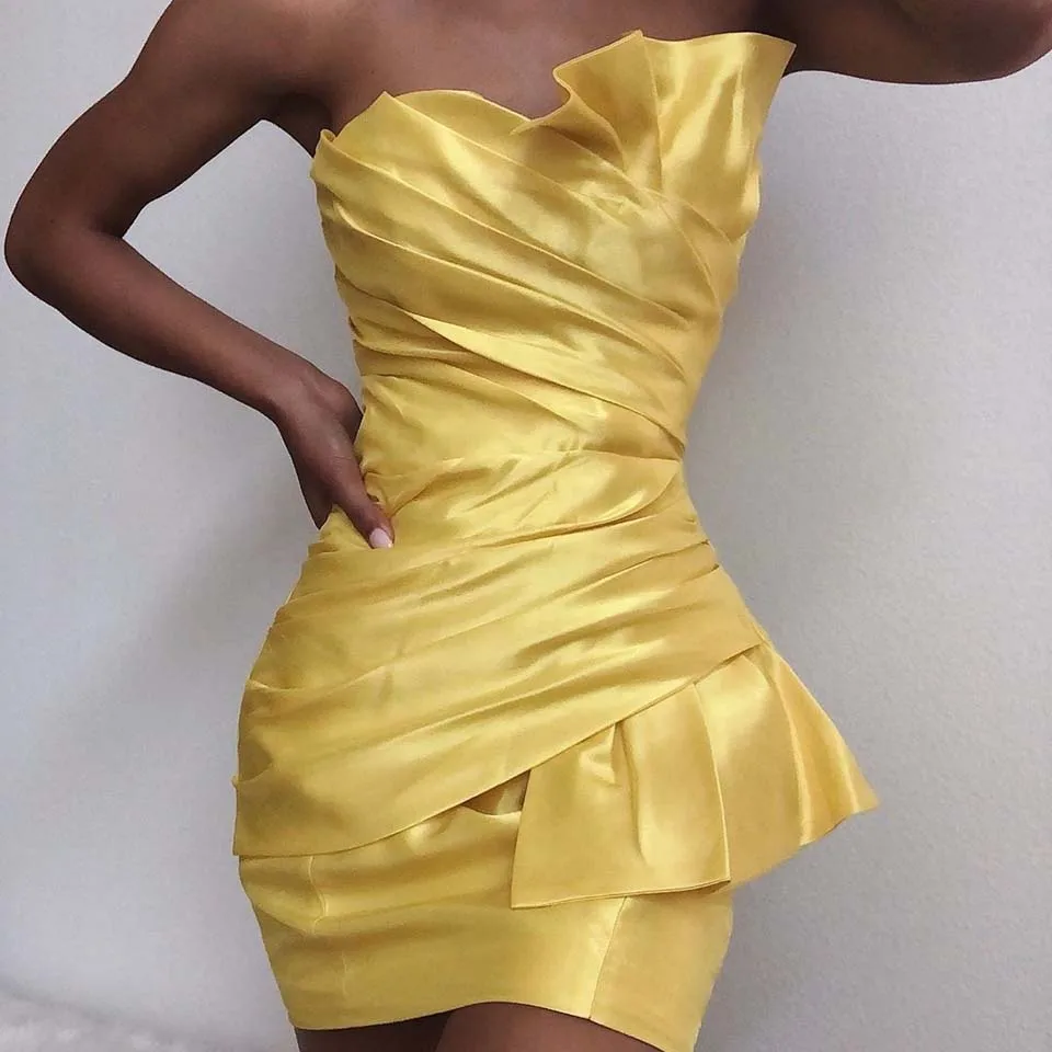 JillPeri структурное желтое атласное платье без бретелек высокая стрейч 2 слоя верхняя одежда с рюшами элегантное вечернее платье знаменитостей Сексуальные вечерние платья