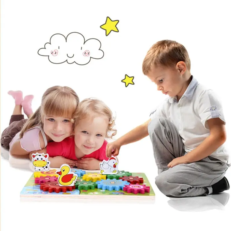 Деревянные игрушки с зубчатым механизмом для животных, вращающиеся колеса, детские развивающие игрушки, ручные глаза, дети, забавная игрушка-головоломка