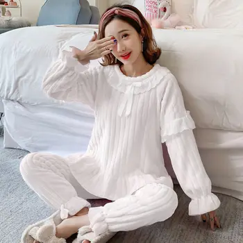 

Women's Home Clothes Flannel Pajamas Set Pigiami Donna Cute Sleepwear Set Winter Pyjamas Women Warm Pajamas Solid Homewear