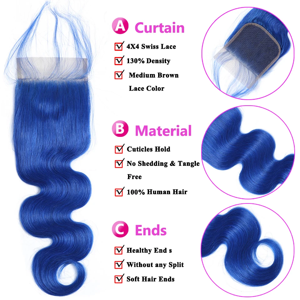 Объемная волна человеческих волос пряди с закрытием синий перуанское мелирование волос для наращивания 3 пряди с 4x4 кружева закрытие волос Remy Clicli