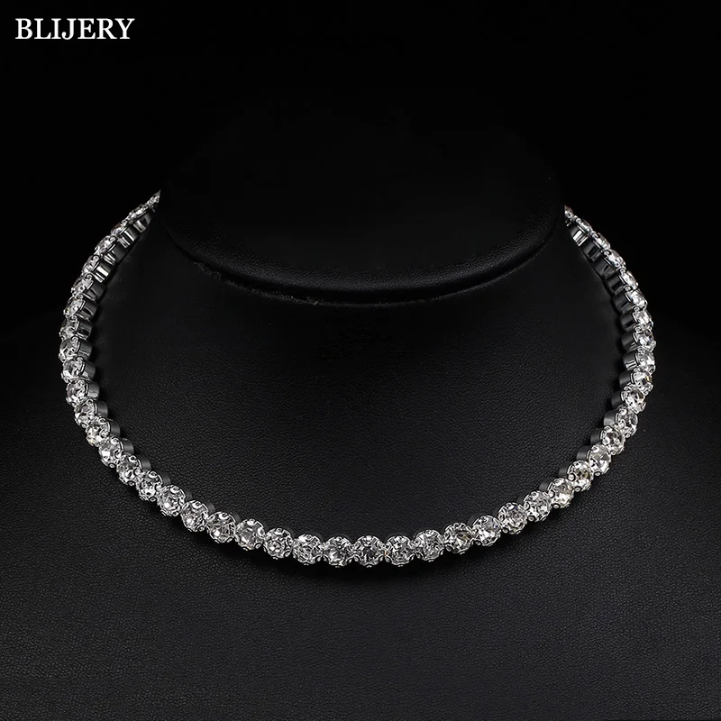 silver color BLIJERY Высокое качество золотого цвета колье со стразами ожерелье для женщин цепи Чокеры Пром Свадебные ювелирные изделия Femme колье - Окраска металла: silver color