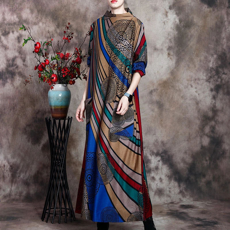 

2020 Autumn New Product Original Loose Slim Retro Roman Cotton Dress Long Over the Knee Printing