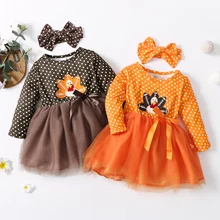 

Thanksgiving Toddler Girl Clothes Set Baby Cartoon Turkey Embroidery Tulle Dresses Cute Newborn Princess Dress+Headband