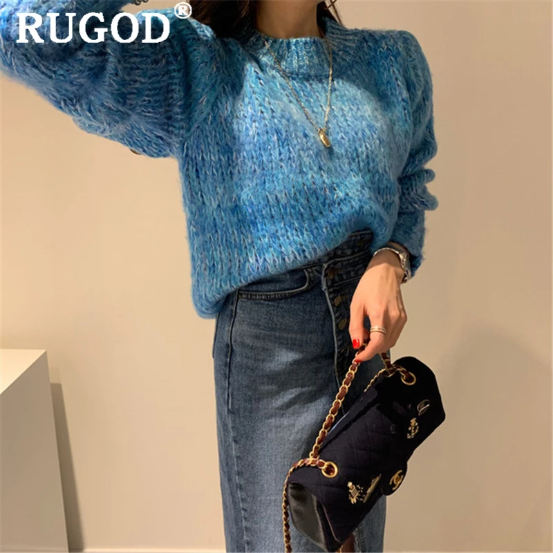 RUGOD, Модный женский свитер ins с пышными рукавами, корейский свитер с круглым вырезом, зимние теплые вязаные пуловеры, Женская Повседневная однотонная одежда для офиса