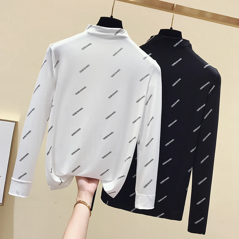 gkfnmt Women's Tshirt Letter Printing Long Sleeve Tops Basic Turtleneck T Shirts Autumn Winter Tee Shirt Femme White clothes