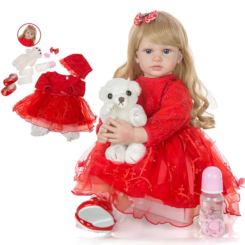 24 дюйма элегантные Reborn для маленьких девочек куклы мягкие виниловые Красной ткани всего тела младенца силикона принцесса кукла подарок на день рождения для малышей