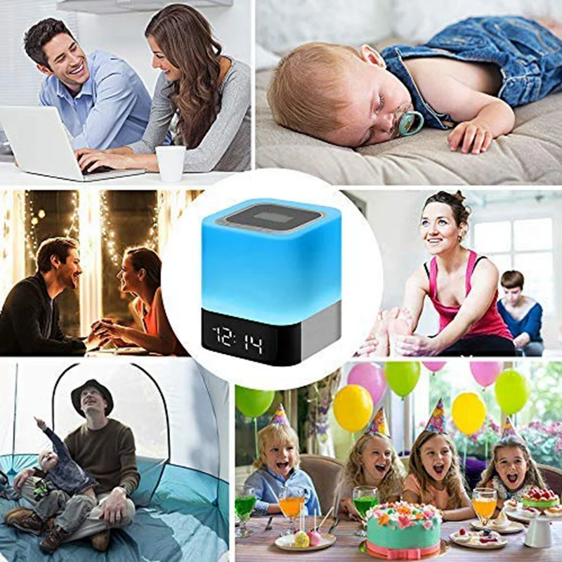 Ночной светильник Bluetooth динамик, светодиодный прикроватный сенсорный датчик с регулируемой яркостью, беспроводной динамик с изменяющим цвет светильник и будильник