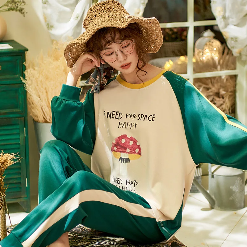 

8298 # Lettered Mushroom Pullover Jyr Long Sleeve Korean-style Sweet Pajamas Tracksuit Two-Piece Set