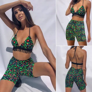 

Sexy Deep V Neck Casual Crop Top Two Pieces Leopard Print Swim Summer Tassel Wrap Beach Shorts Sleeveless Bodycon Women Playsuit