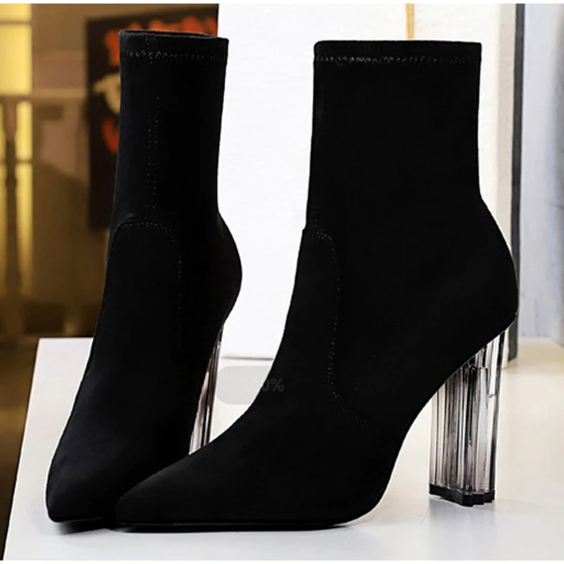 Women's Ankle Boots Sock Shoes Winter Warm High Heels Flock Pointed Toe Slip On Elegant Ladies Boot 2020 Autumn Hot Comfort Shoe