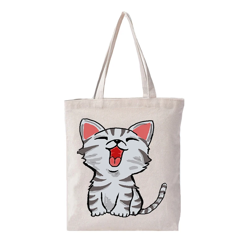 

Hot Sale Cat Printing Foldable Zipper Shopping Bag Women Tote With Pocket Handbags Convenient Large-capacity Storage Bags