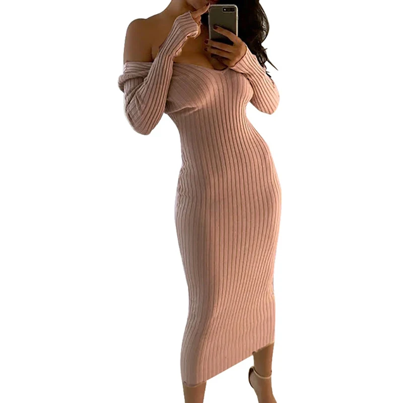 CWLSP-Skinny-Vestido-de-Camisola-Com-Nervuras-Mulheres-Barra-Pesco-o-Fora-Do-Ombro-Vestidos-de