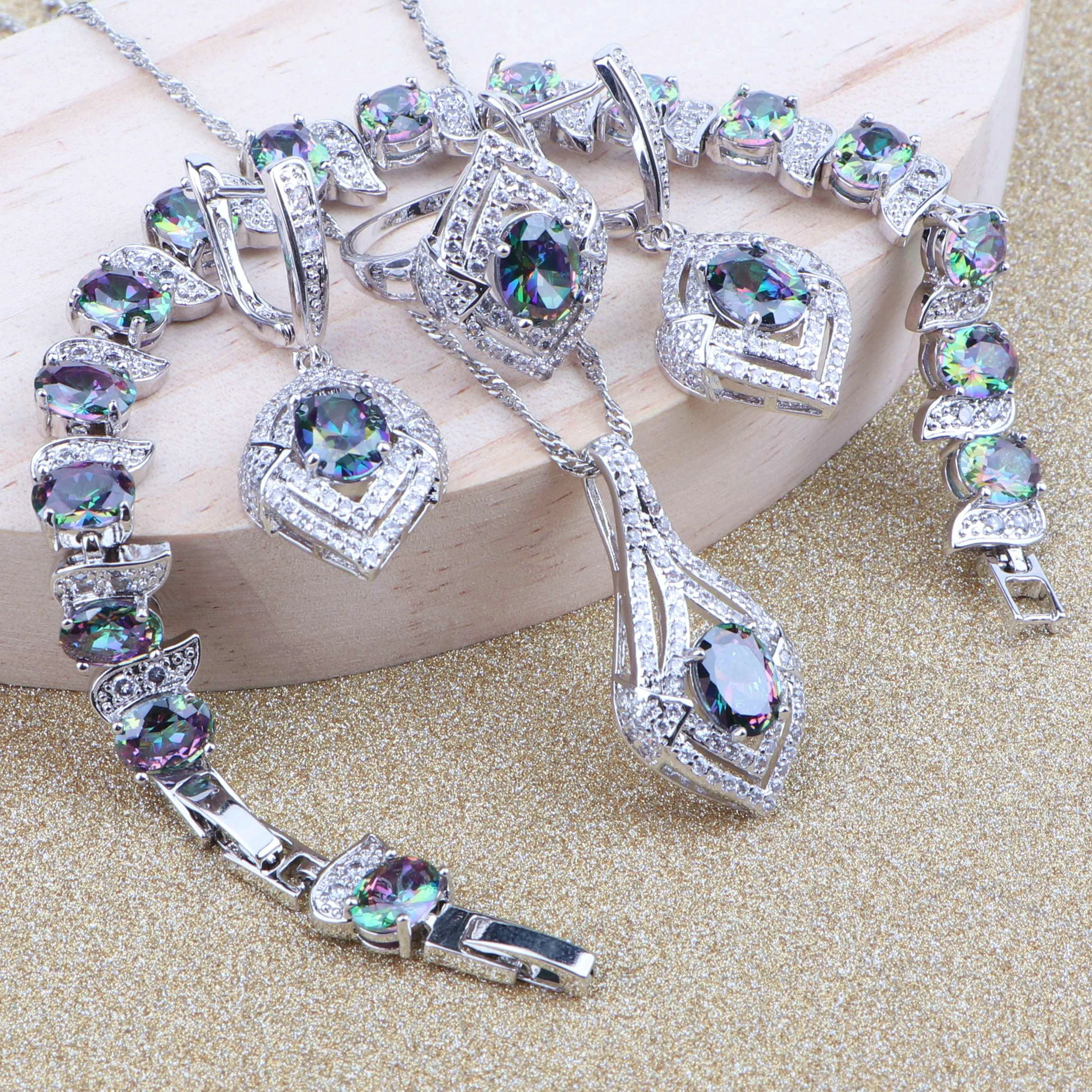 Радужный Цирконий серебро 925 пробы ювелирные наборы свадебные изделия костюм