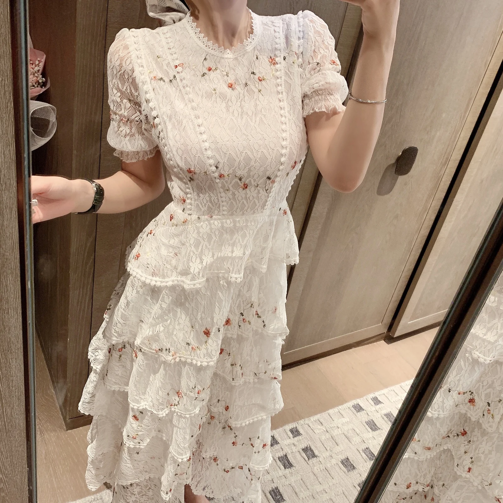 

New Summer Woman White Lace Dress Short Sleeve Floral Embroidery Round Neck Elegant Party Dresses Female Vestidos Dress 2022