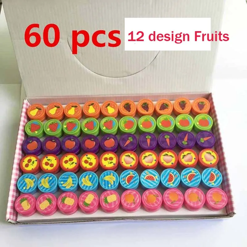 60Pc 12design fruit 36/60 шт Мультяшные печати Pattern выражение "сделай сам" декоративные резиновые улыбающееся лицо самообслуживаемая чернильная печать, детский подарок ко дню рождения - Цвет: 60Pc 12design fruit