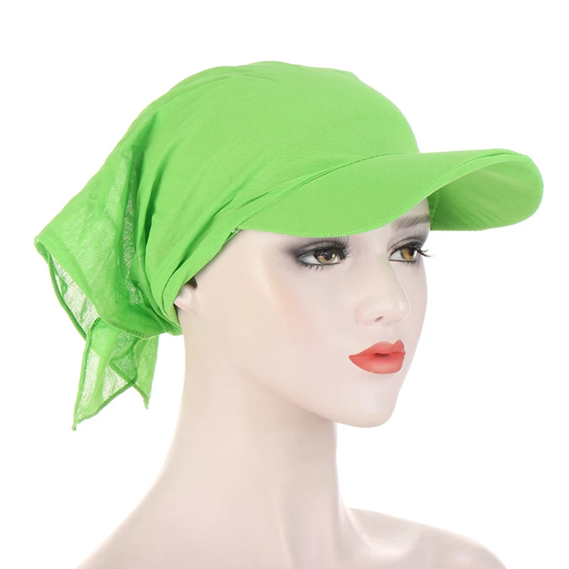 패션 여성 브림 모자 태양 바이저 Pre-Tied 터 번 모자 머리 스카프 Windproof 두건 솔리드 컬러 Headscarf 비치 야외 모자