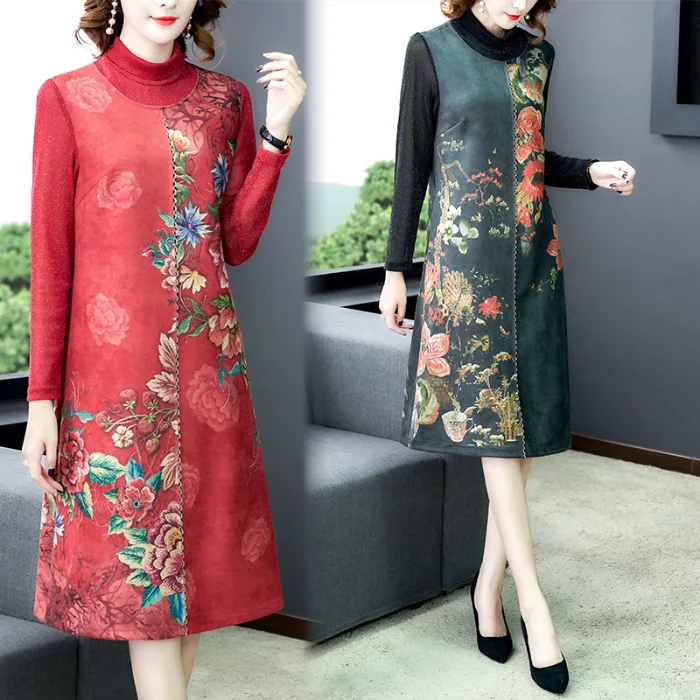 

2020 Spring New Style Middle-aged Mom Deerskin Velvet Dress Women's Long-Sleeve Red Festive Kuotaitai Medium-length Dress