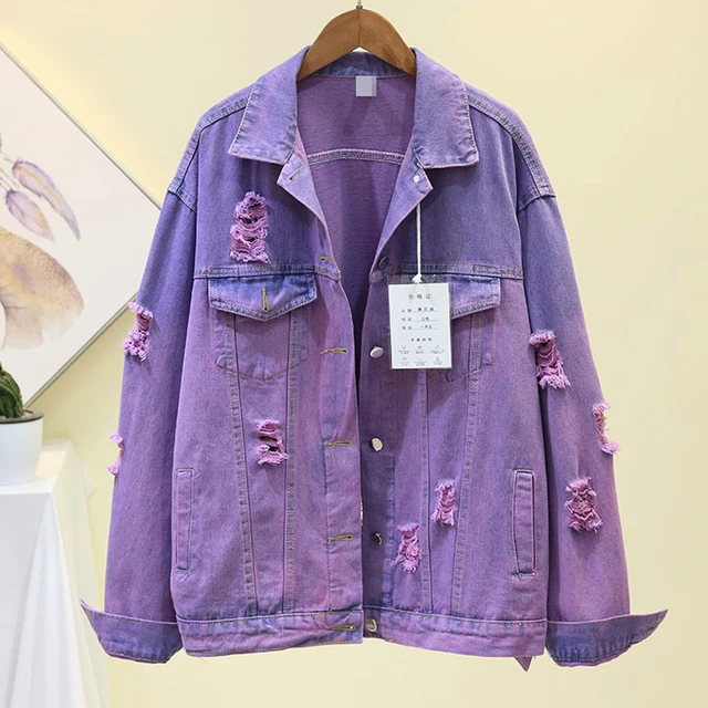 Mens Womens Purple Denim Cotton Basic Jacket Jeans Coat Button Punk Hip Hop  Chic