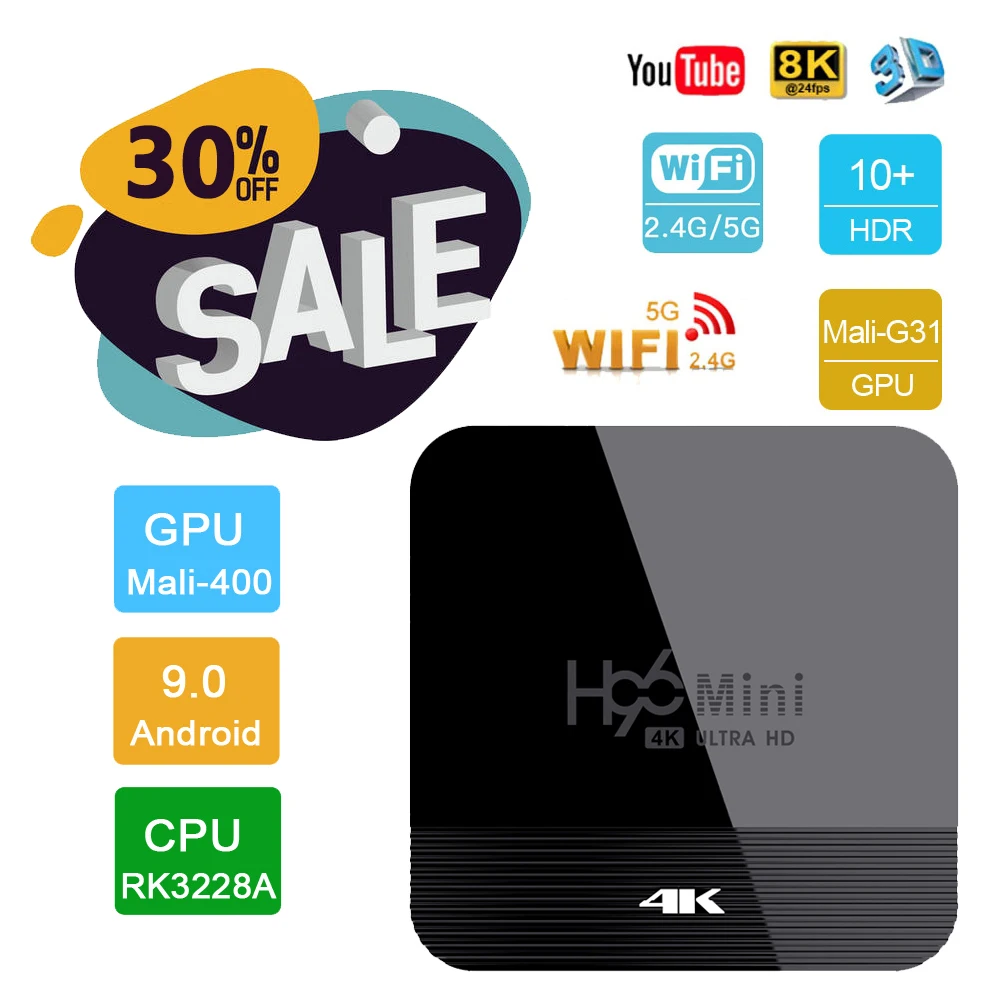 

H96 Mini H8 Smart Android TV Box Android 9.0 RK3228A Penta-Core 2GB 16GB USB 3.0 4K 3D HDR 2.4G/5G Wifi Set Top Box