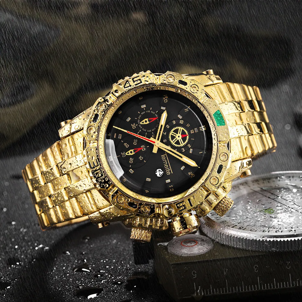 

Dropshiping TEMEITE Creative Golden Men Quartz Wristwatches Big Dial Design Calendar Waterproof Watches Top Brand Luxury Clock