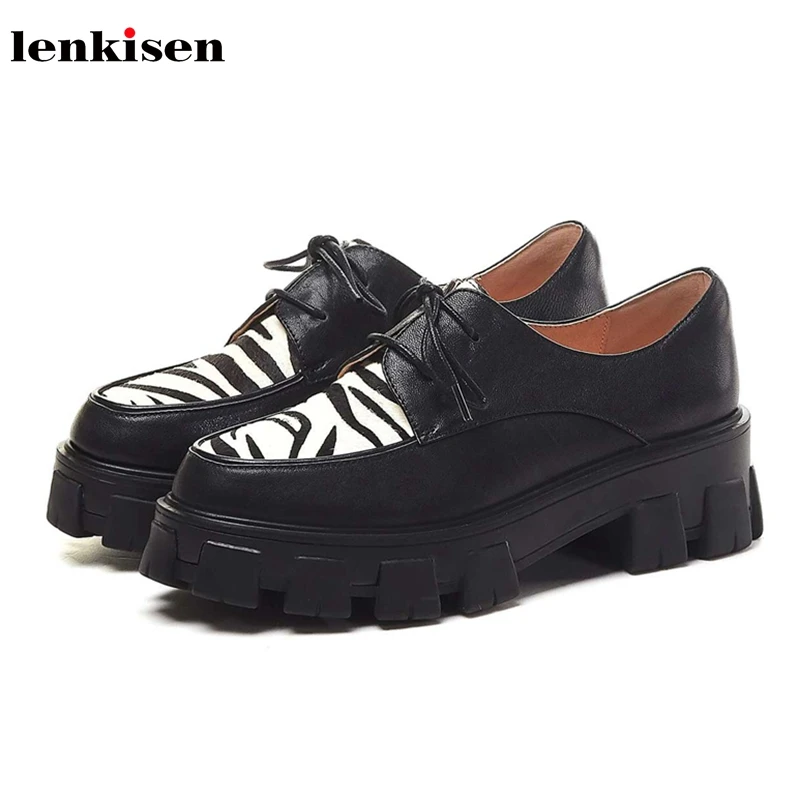 

Lenkisen new cow leather mixed colors zebra pattern round toe high heels thick bottom shoes lace up women vulcanized shoes L35