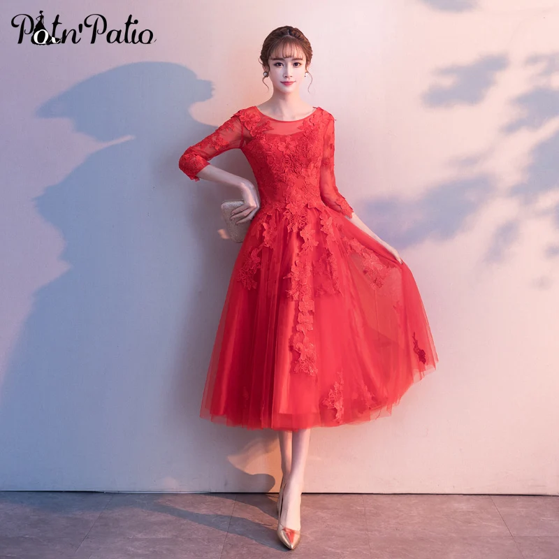 

Tea Length Red Evening Gowns For Wedding Party Elegant O-neck A-line Appliques Flower Tulle Prom Dresses With 3/4 Sleeves