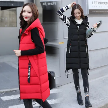 

2019Women Winter Long Cotton Coat Vest Hooded Female Sleeveless Cotton Padded Jacket Parkas Lady Slim Thick Vest Waistcoat Cc50