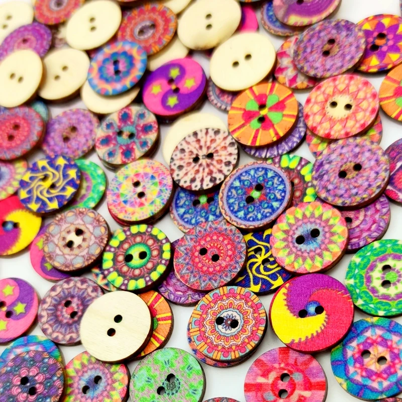 Description Picture 3 of item100Pcs Multicolor Retro Pattern Wooden Buttons For Handwork Sewing Scrapbook DIY Crafts Clothing Accessories Gift Card Decor