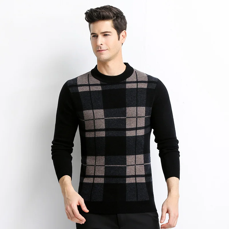 MIACAWOR Brand Wool Sweater Men Casual Plaid Pullover Men Winter Warm Cashmere Pull Homme O-Neck Sueter Hombr Y223 - Цвет: Черный
