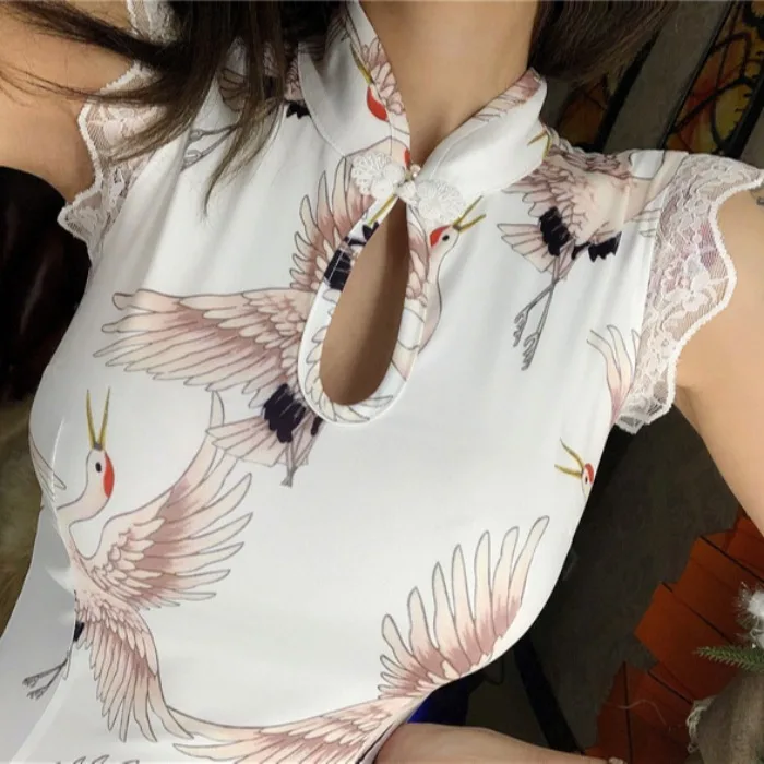Китайское платье cheongsam женское белье qipao сексуальное платье qi pao атласное Открытое вечернее платье кружевное наклонное с принтом журавля