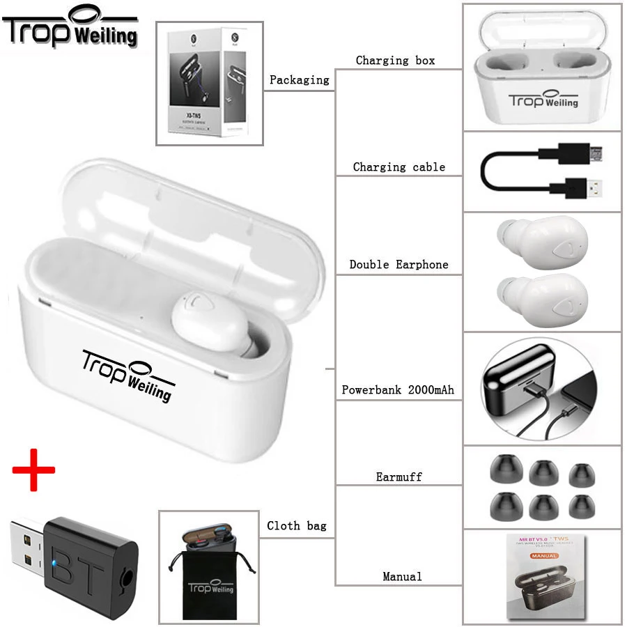 X9-White-S1-usb Tws настоящие беспроводные наушники, HD стерео гарнитура, 5,0, Bluetooth, спортивные наушники, игровая гарнитура, Bluetooth наушники с двойным Mircophone - Цвет: X9-White-S1-usb
