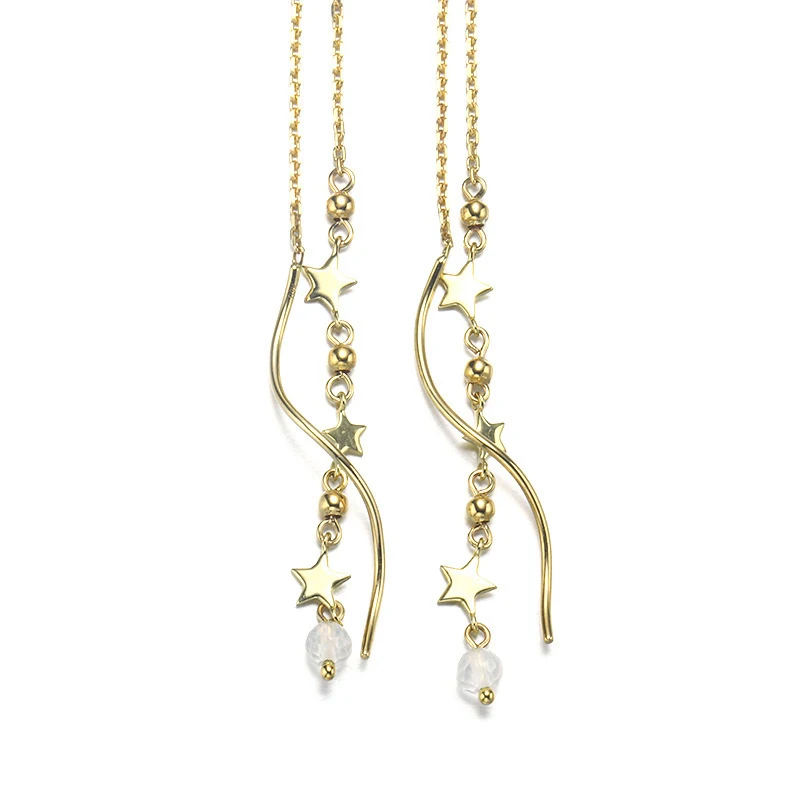 

Trendy Long 9K Pure Real Yellow Genuine Gold Moonstone Gemstone Star Pierced Drop Earrings for Women Girl Upscale Fancy Jewelry