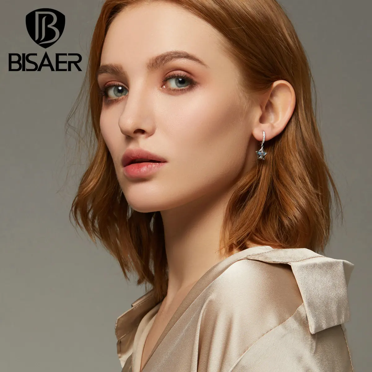 BISAER, 925 пробы, серебряные светящиеся серьги-гвоздики со звездами для женщин, прозрачный кубический циркон, ювелирное изделие, серьги в виде звезды, GAE316
