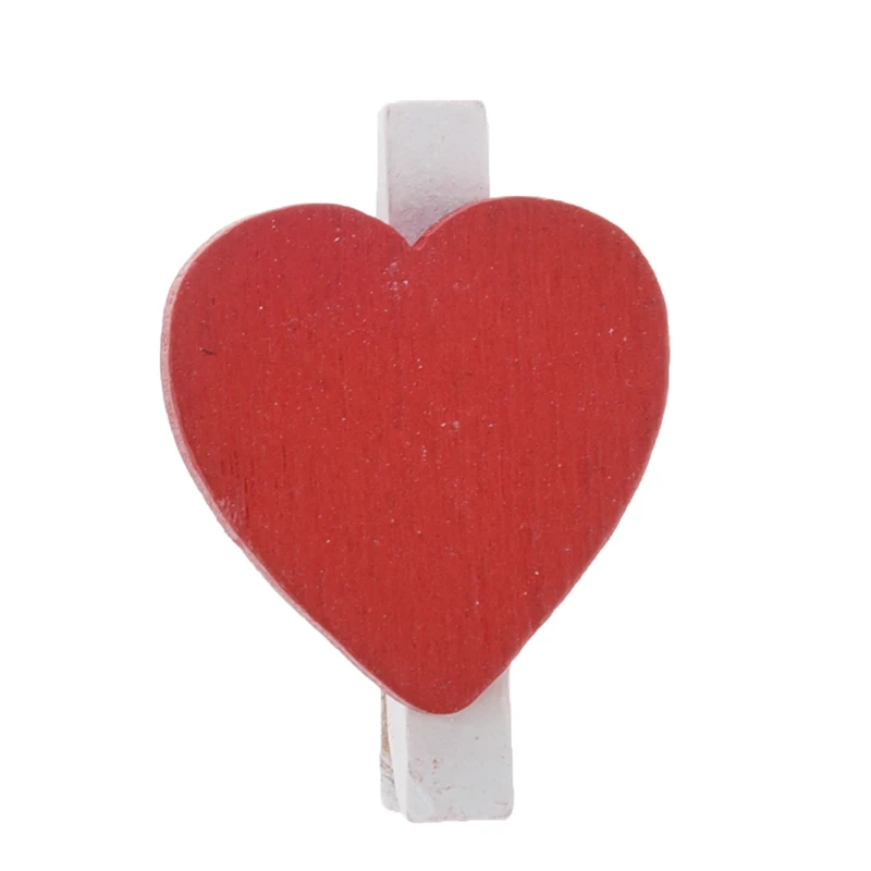 

50 Pcs Red Heart Accent White Wooden Spring Clothespins Memo Clips