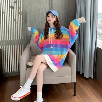

Women New Brand Fashion Sweatshirts Rainbow Printed Hooded Femme Pullover Colors Hoodie Sweet Lovely Costume Loose Coat