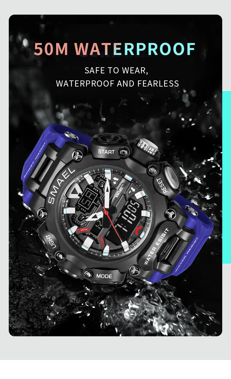 SMAEL Youth Fashion Digital Watch Men Shockproof Waterproof Dual Wristwatches LED Chrono Alarm Clock Mens Watches Cool Hour 8053